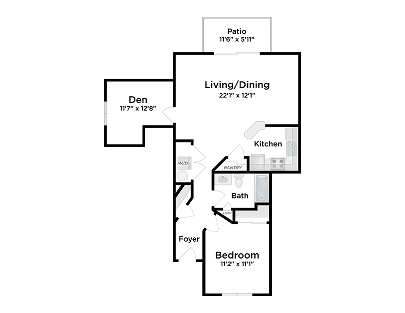 Black and white floor plan of a one-bedroom apartment with labelled areas: foyer, bath, pantry, kitchen, living/dining room, den, bedroom, and patio. Room dimensions are included in feet and inches.