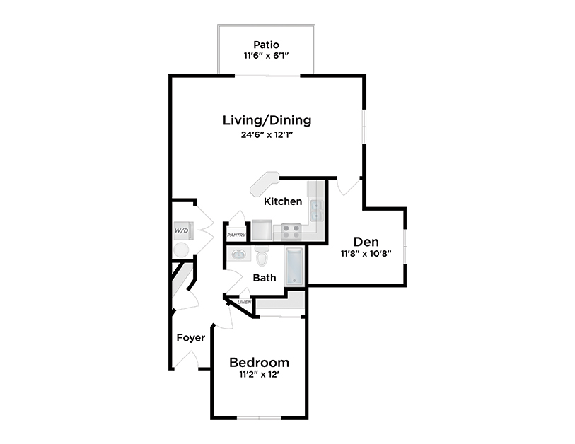 Black and white floor plan of an apartment with foyer, bedroom, bath, kitchen, pantry, living/dining area, den, washer/dryer, and a patio. Room dimensions are labeled throughout.