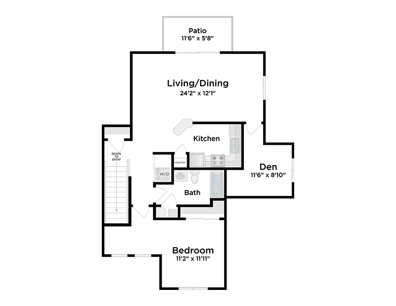 Black and white floor plan showing a patio, large living/dining area, kitchen, den, bathroom, laundry (W/D), and one bedroom, with measurements in feet and inches for each room.