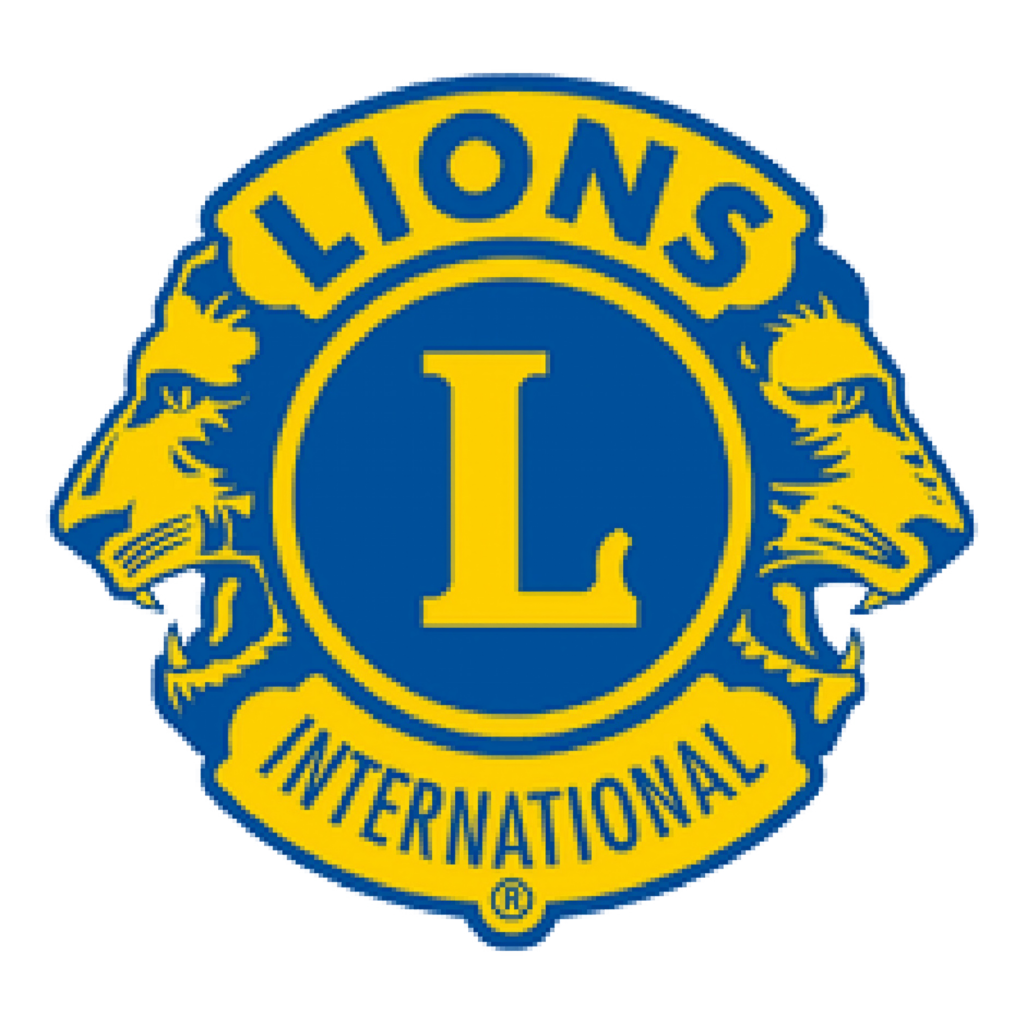 Lions Clubs International logo featuring a bold blue L in a yellow circle, flanked by two lion profiles facing opposite directions, with Lions above and International below in yellow text.