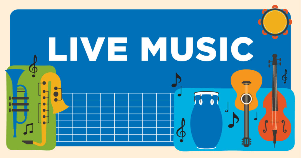 Illustration with the words LIVE MUSIC on a blue background, surrounded by colorful musical instruments including a trumpet, saxophone, conga drum, guitar, violin, and tambourine, along with music notes.