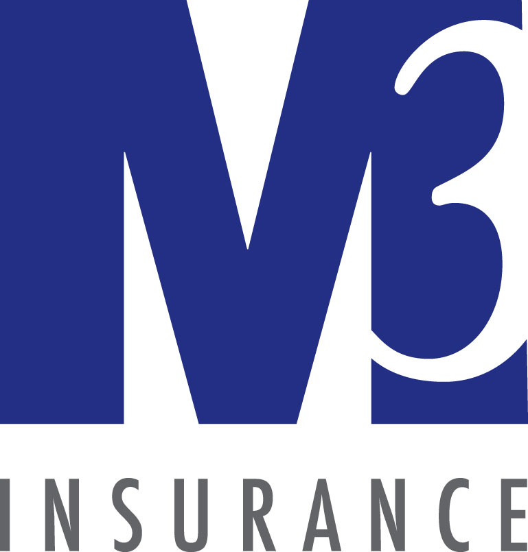 Large blue letter M with a white number 3 partially overlapping it, above the word INSURANCE in gray uppercase letters on a white background.