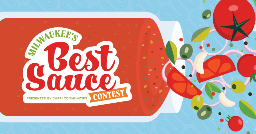 Illustration of a jar labeled Milwaukees Best Sauce Contest with tomatoes, onions, olives, basil, and peppers spilling out, on a blue patterned background. Presented by Capri Communities.