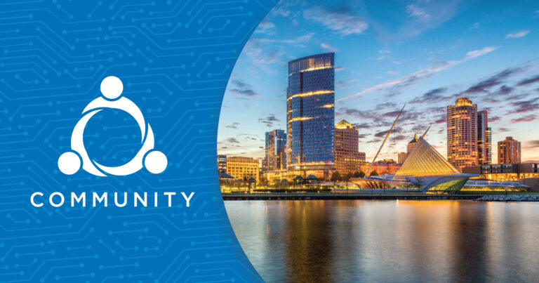 Split image with a city skyline at sunset reflecting in water on the right, and a blue graphic of interconnected people above the word “COMMUNITY” on the left. Circuit lines decorate the blue background.