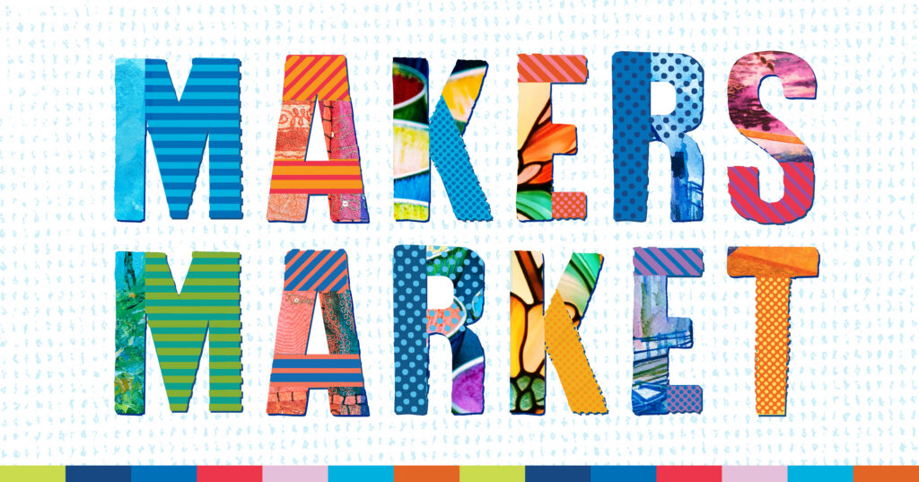 Colorful letters spelling MAKERS MARKET with each letter in a different bright, patterned design on a white background with small light blue symbols; a multicolored border runs along the bottom.