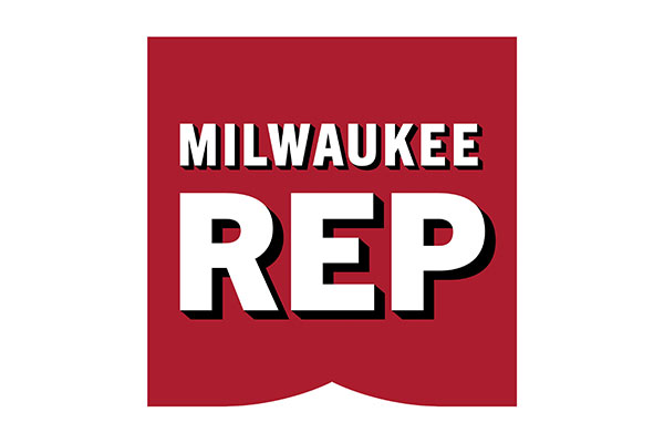 Milwaukee Rep logo featuring bold white text on a red background with a curved notch at the bottom; the words MILWAUKEE REP are centered, with REP in larger font and a shadow effect.