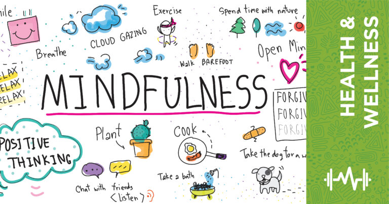 Colorful illustration with the word MINDFULNESS in large text, surrounded by doodles and words like breathe, positive thinking, plant, cook, exercise, and a green sidebar labeled HEALTH & WELLNESS.