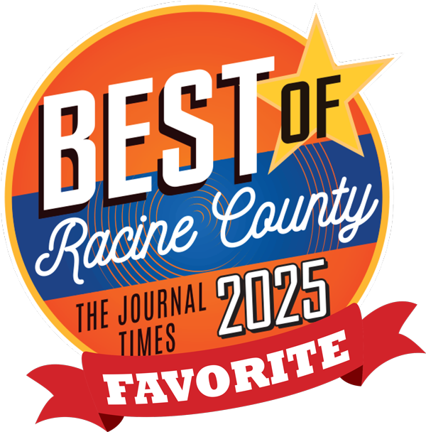 A circular badge reads Best of Racine County 2025, The Journal Times with a gold star, orange and blue background, and a red ribbon at the bottom that says Favorite.