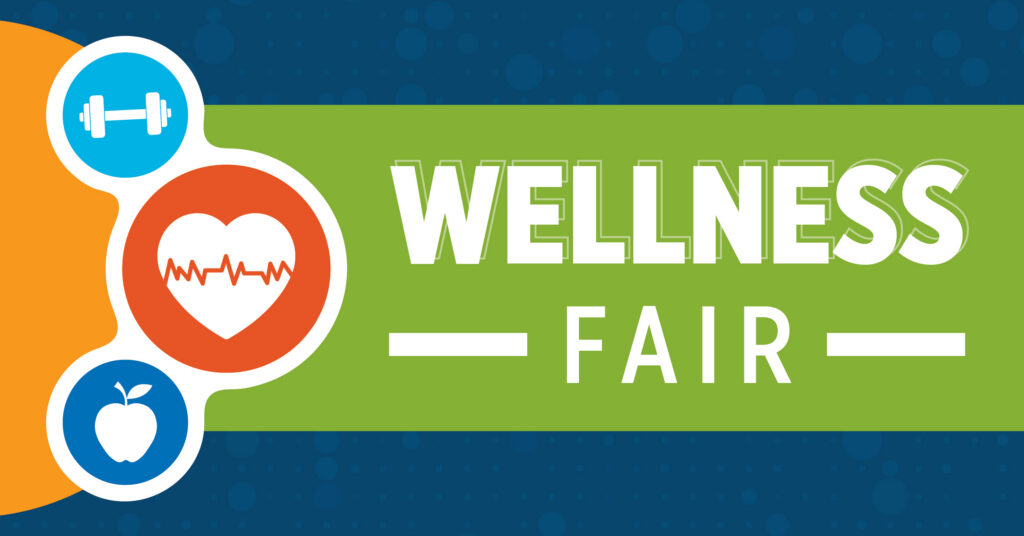 A colorful Wellness Fair banner with icons of a heart with a pulse line, a dumbbell, and an apple, representing health, fitness, and nutrition on a green and blue background.