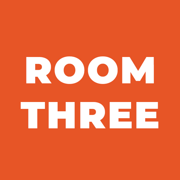 White bold text reading ROOM THREE centered on an orange background.