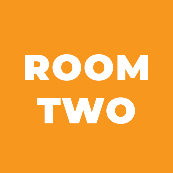 White bold text reading ROOM TWO centered on a solid orange background.