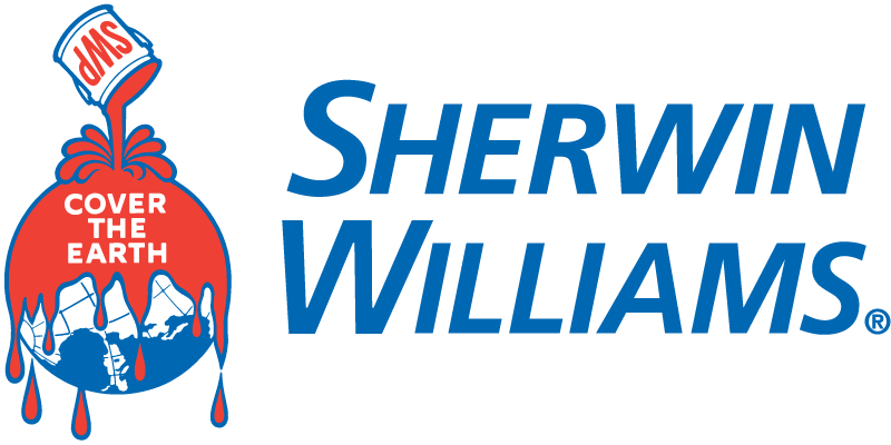 The Sherwin-Williams logo shows a red paint can pouring paint over a globe with the words COVER THE EARTH. The company name Sherwin Williams appears in large blue letters to the right.