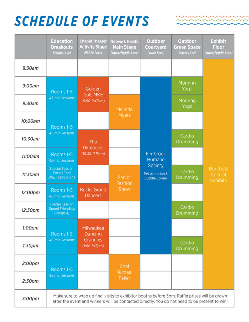 A color-coded event schedule with session names, times from 8:30am–3:00pm, and activities like drumming, yoga, speakers, animal society, and exhibitor booths in various rooms and spaces.