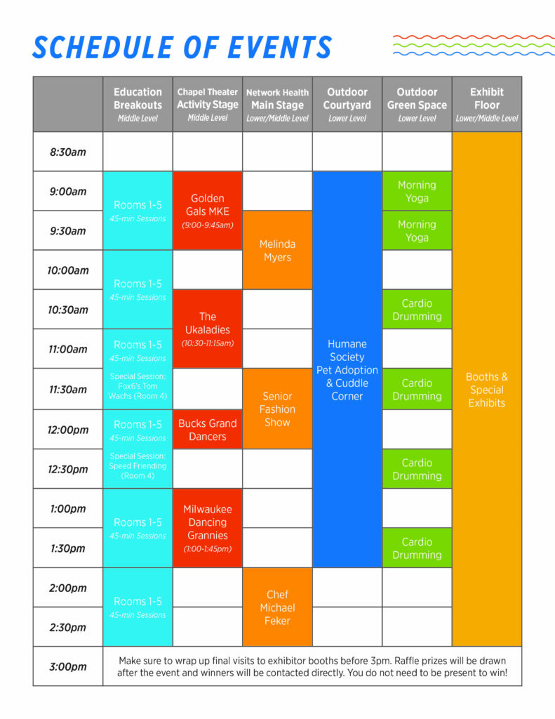 A colorful event schedule chart lists activities by time and location, including breakout sessions, performances, yoga, drumming, and a pet adoption corner. Each event is color-coded for its area and runs from 8:30am to 3:00pm.