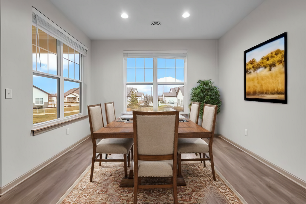 A bright dining room with a wooden table, six upholstered chairs, large windows showing houses outside, a rug, potted plant, and landscape artwork on the wall.