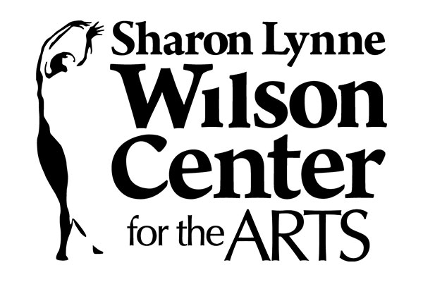 Black and white logo for the Sharon Lynne Wilson Center for the Arts, featuring a silhouette of a dancer with arms raised next to the text.