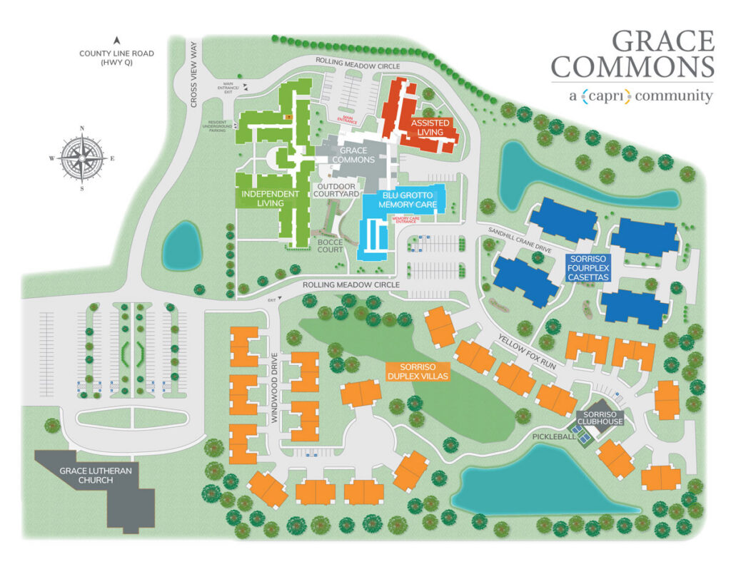 Illustrated site map of Grace Commons community, showing buildings for independent and assisted living, courtyards, parking lots, walking paths, ponds, a pickleball court, and the nearby Grace Lutheran Church.