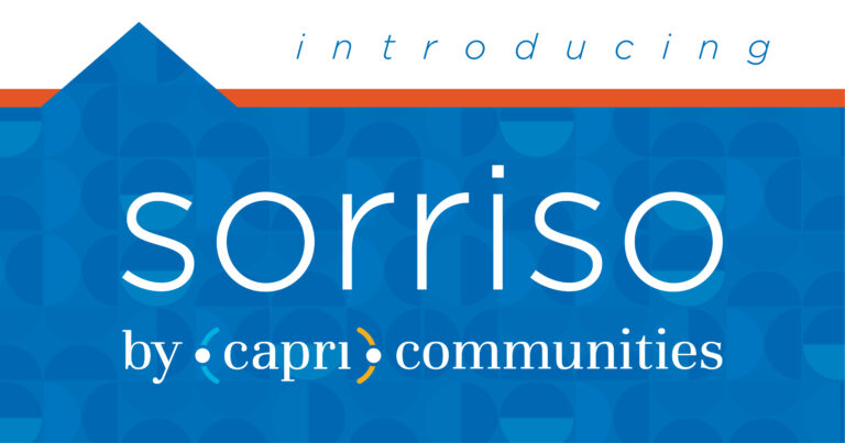 A blue graphic features the text “introducing sorriso by capri communities” in modern white and orange fonts, with abstract geometric patterns and a house-shaped design at the top left.