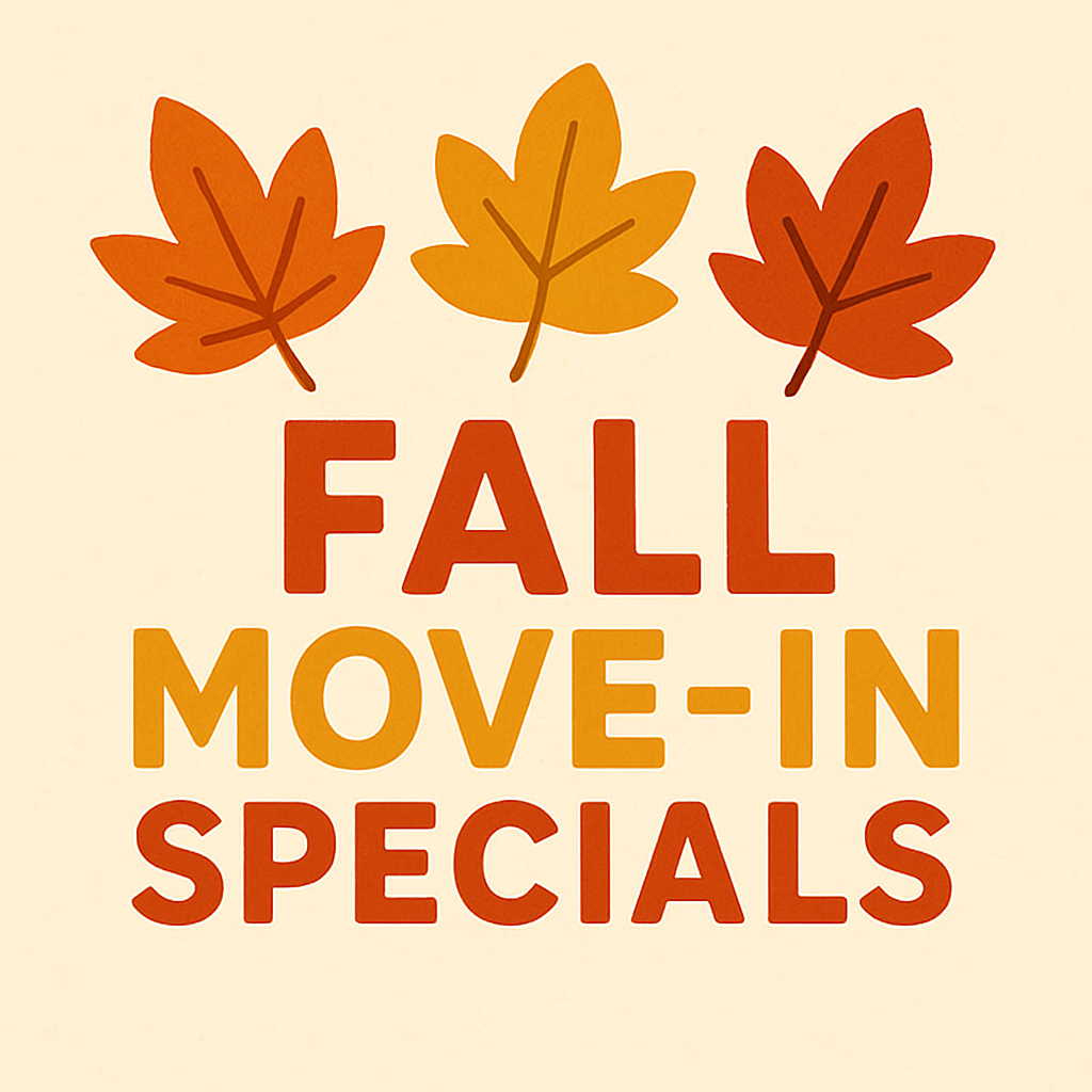 Three autumn leaves in orange and yellow above the bold text “FALL MOVE-IN SPECIALS” in matching fall colors, on a light beige background.
