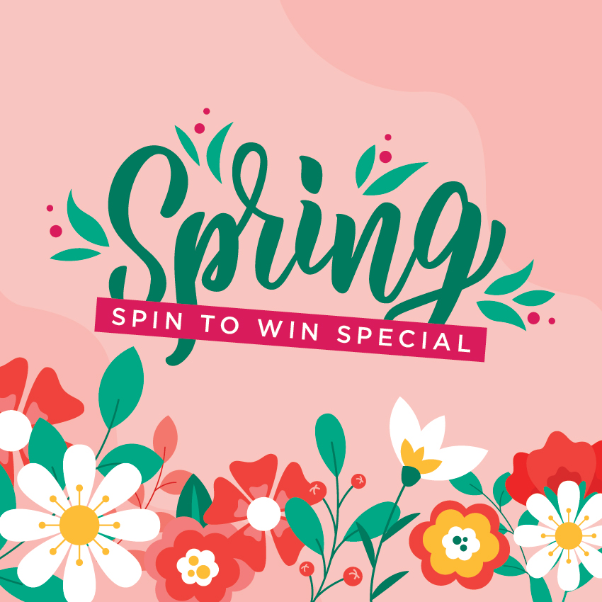 Colorful illustration with the word Spring in green script, Spin to Win Special in a pink banner, and various red, white, and yellow flowers along the bottom on a pink background.