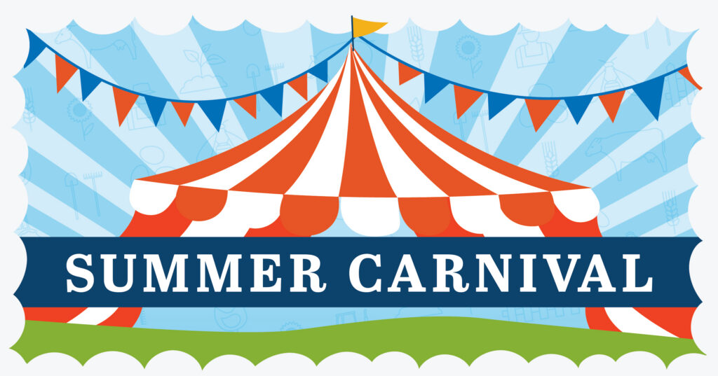Colorful illustration of a red and white striped carnival tent with blue and orange bunting, a yellow flag on top, and the words SUMMER CARNIVAL in bold white letters on a blue banner.