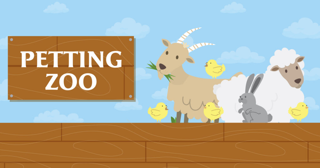Illustration of a wooden sign reading Petting Zoo next to a goat eating grass, a sheep, a rabbit, and four yellow chicks, all standing on wooden planks with a blue sky and clouds in the background.