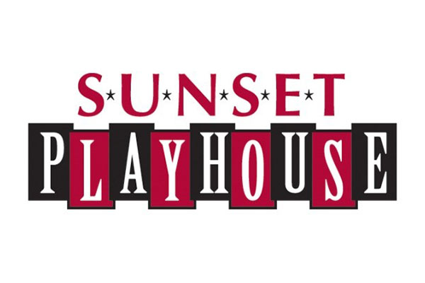 Logo for Sunset Playhouse. SUNSET is written in red uppercase letters with stars between each letter. PLAYHOUSE appears below in bold white uppercase letters on alternating red and black background blocks.