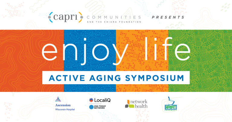 Colorful promotional banner for the “Enjoy Life Active Aging Symposium,” featuring sponsor logos and abstract blue, orange, and green patterns as the background.