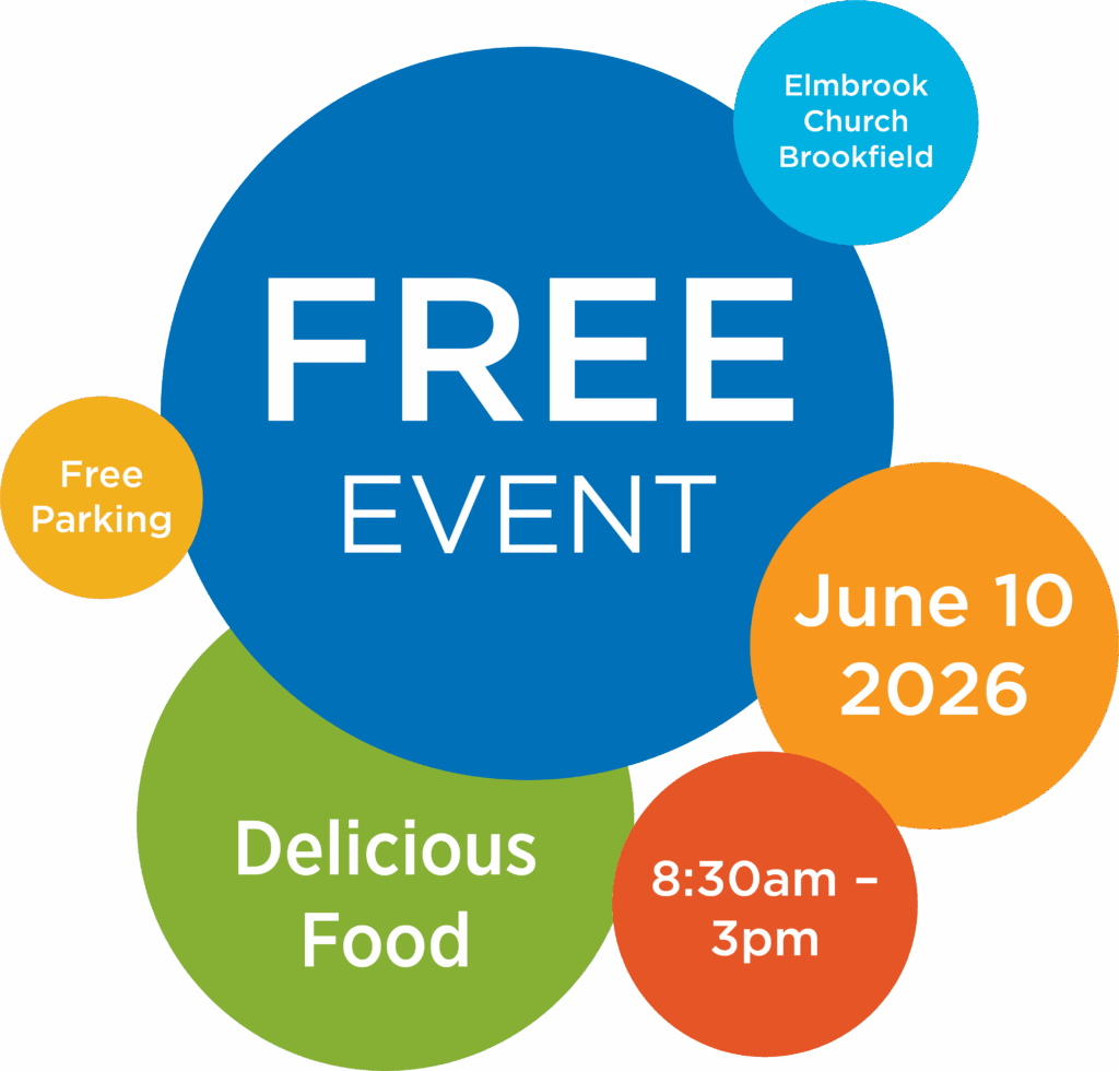 Graphic with colorful circles announcing a free event at Elmbrook Church Brookfield on June 10, 2026, from 8:30am to 3pm, featuring delicious food and free parking.