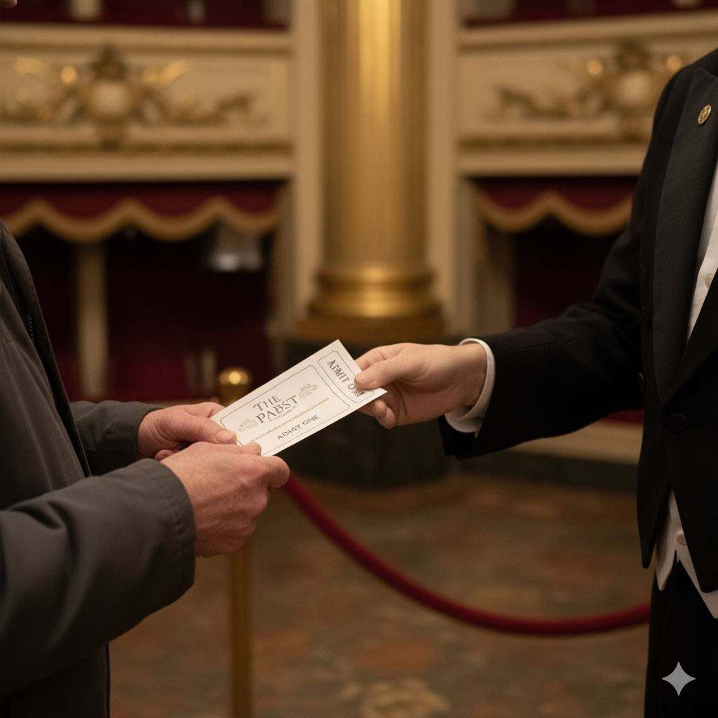 A person hands a theater ticket to an usher in formal attire inside an elegant theater lobby with red velvet ropes and ornate gold decor in the background.
