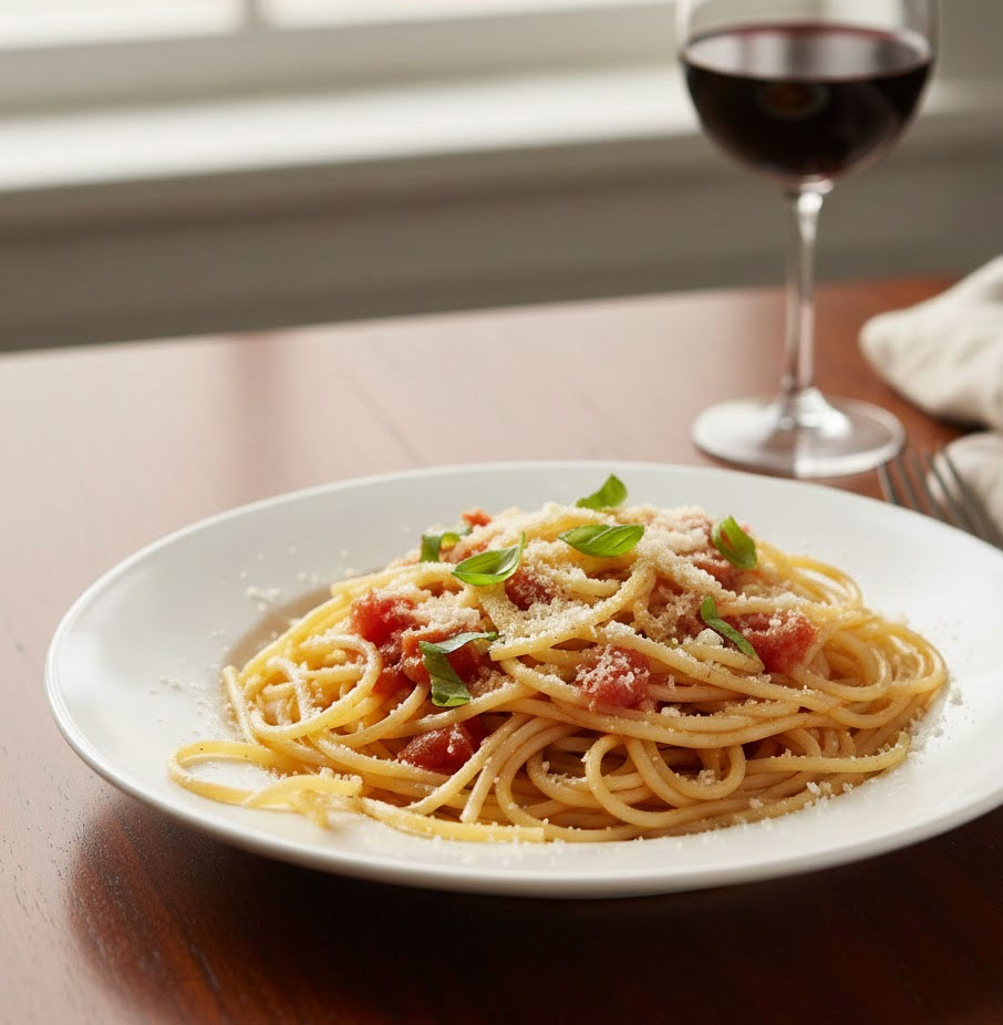 A plate of spaghetti with tomato sauce, grated cheese, and fresh basil sits on a wooden table next to a glass of red wine.