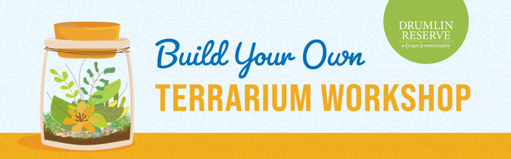 Illustrated banner showing a terrarium jar with plants and the text “Build Your Own TERRARIUM WORKSHOP.” The Drumlin Reserve logo appears in the top right corner. The background has a subtle leaf pattern.