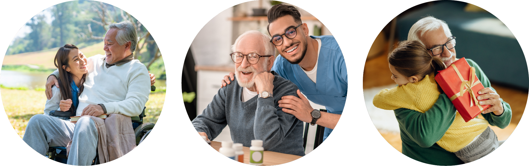 Three circular images: an elderly man in a wheelchair outdoors with a young woman, an elderly man smiling with a caregiver, and a child hugging an elderly man while giving him a red gift box.