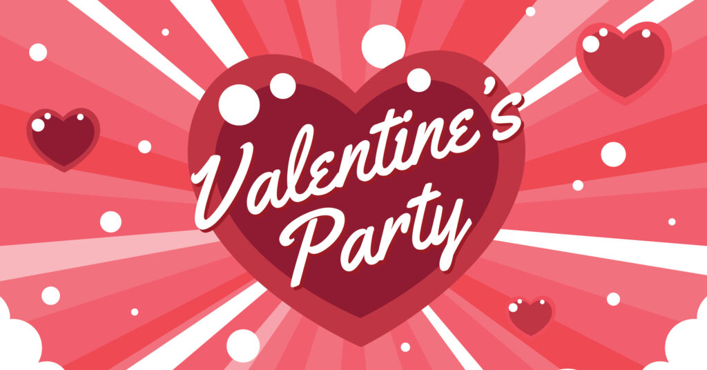 A graphic with a large dark red heart in the center displaying the text Valentines Party. The background is pink and red with radiating lines, hearts, and white circles.