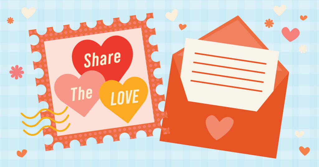 Illustration of a red envelope with a heart seal and a card, next to a large stamp with three hearts and the text “Share The Love.” Colorful hearts and flowers decorate the blue checkered background.