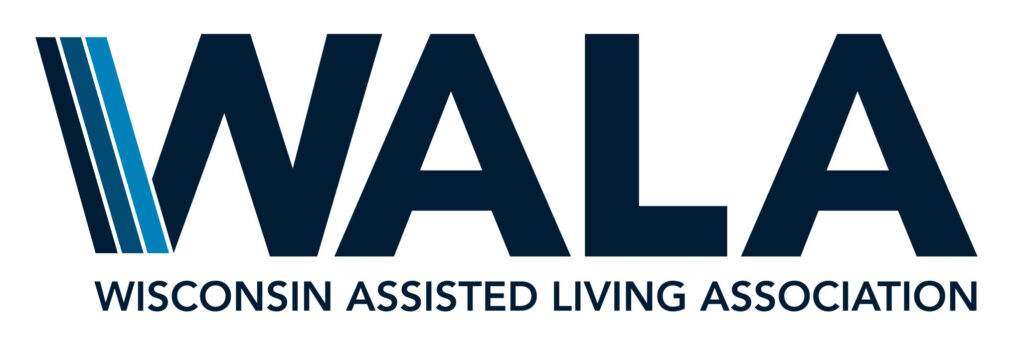 Logo of WALA with bold navy letters and three vertical blue stripes, above the text WISCONSIN ASSISTED LIVING ASSOCIATION in smaller capital letters.
