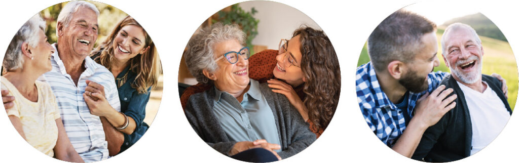 Three circular photos: seniors and younger adults smiling together. First, a man and two women laugh outdoors. Second, an elderly woman and young woman share a happy moment. Third, two men smile and enjoy time outside.