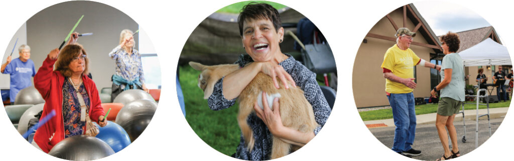 Three circular photos: left, seniors in an exercise class; center, a woman smiling and hugging a dog outdoors; right, two people dancing outside near a building, one uses a walker, others watch in the background.