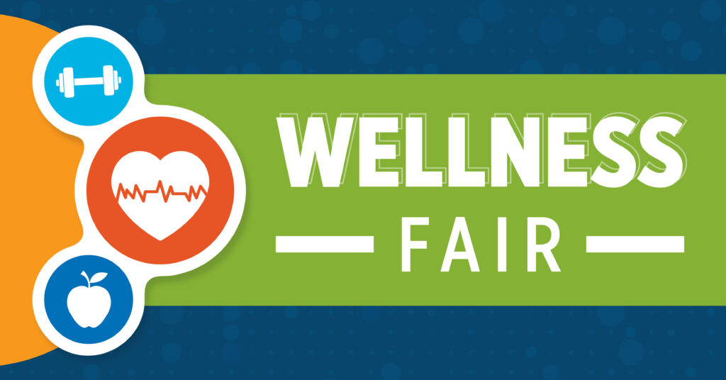 Banner for a wellness fair featuring icons of a dumbbell, a heart with a heartbeat line, and an apple, with the words Wellness Fair in bold white letters on a green and blue background.