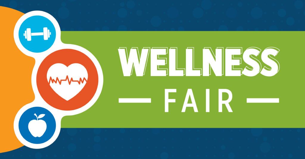 Colorful Wellness Fair banner with icons of a dumbbell, a heart with a heartbeat line, and an apple, symbolizing fitness, health, and nutrition on a green and blue background.