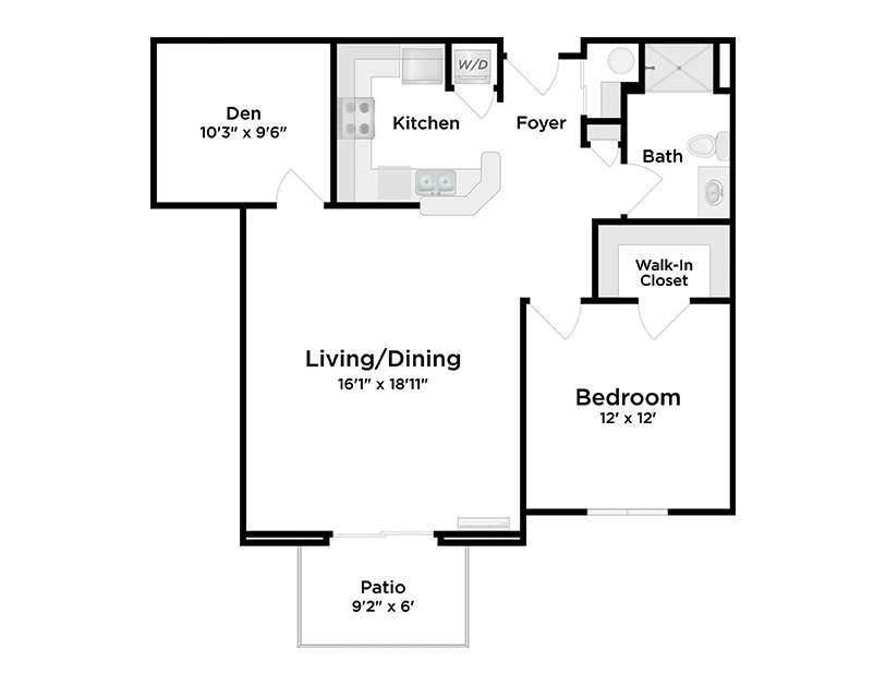 Black and white floor plan of a one-bedroom apartment featuring a living/dining area, kitchen, den, bathroom, bedroom with walk-in closet, foyer, washer/dryer, and a patio. Room dimensions are labeled.