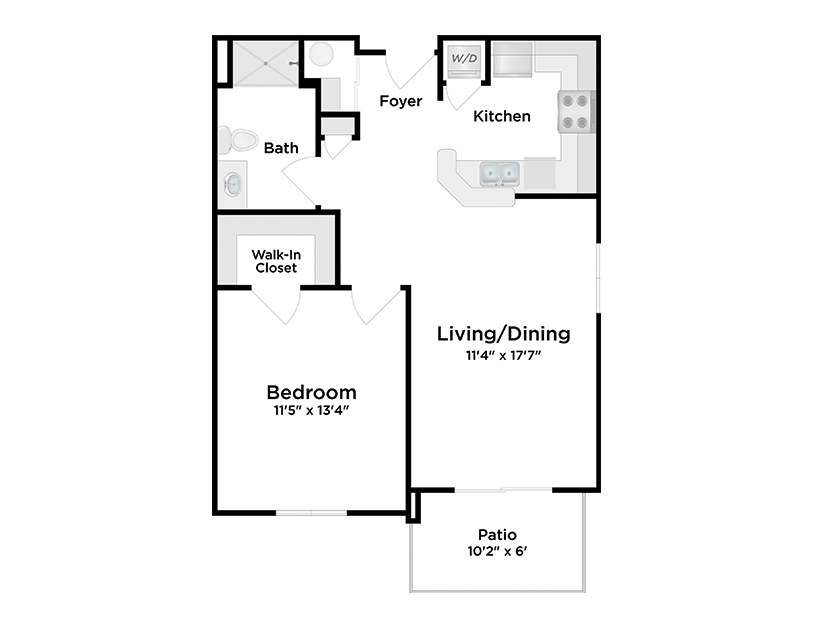 Black and white floor plan of a one-bedroom apartment showing a foyer, kitchen with washer/dryer, bath, walk-in closet, bedroom, combined living/dining area, and a patio. Room dimensions are labeled.