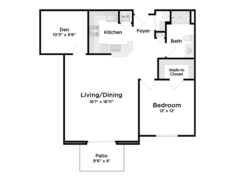 A 1-bedroom apartment floor plan showing a den, kitchen, foyer, bathroom, walk-in closet, bedroom, combined living/dining area, and a patio. Room dimensions are labeled in feet and inches.