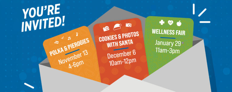 An open envelope contains three colorful event cards: Polka & Pierogies on Nov 13 (4-6pm), Cookies & Photos with Santa on Dec 6 (10am-12pm), and Wellness Fair on Jan 29 (11am-3pm). Text reads Youre Invited!.