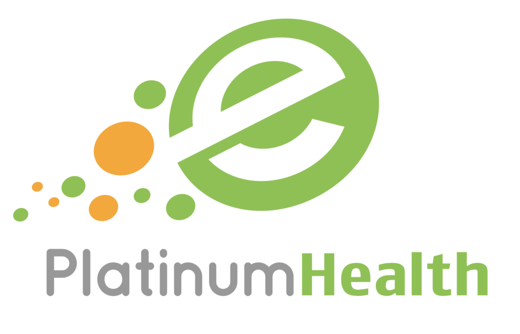 Green and orange abstract logo with a stylized e and circular dots, above the words PlatinumHealth in gray and green text.