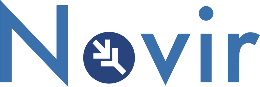 The word Novir in blue letters with a dark blue circle replacing the letter o, containing a white abstract arrow pointing down and right.