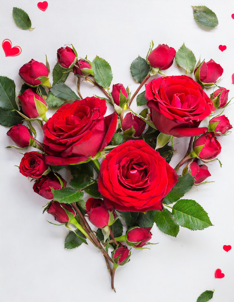 Red roses and rosebuds arranged in the shape of a heart on a white background, with scattered green leaves and small red heart illustrations around the edges.
